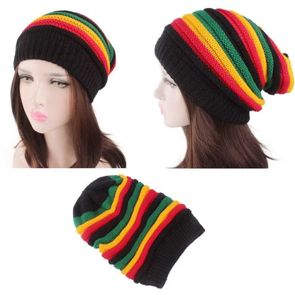 Multicolor Striped Printed Knitted Beret Cap Winter Warm
