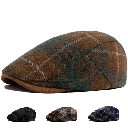 Winter Wool Color Grid Beret Men Vintage Fashion Newsboy Hat Autumn Warm