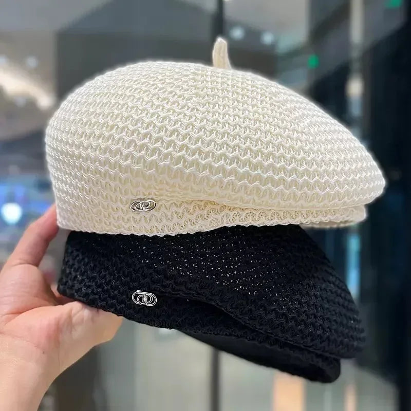 Women Fixed Pleated Paper Straw Beret Summer