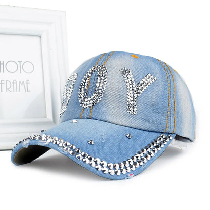 New Women Washed Denim Rhinestone Crown Baseball Cap