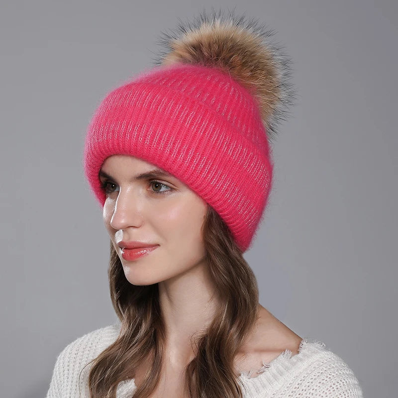 Hat For Women Angora Rabbit Fur Beanies With Natural Raccoon Fur Pompom Hats
