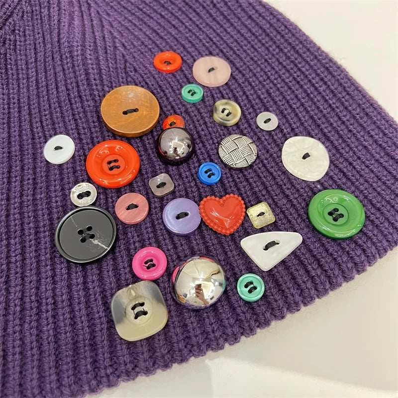Korean Designer Colorful Button Beanies Wool Hat