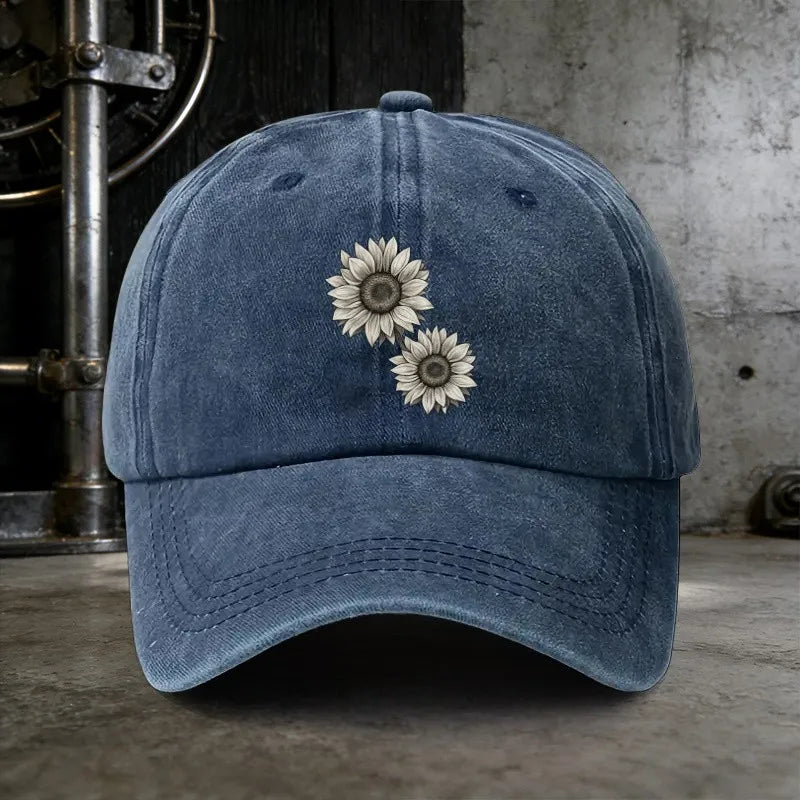 Sunflower Print Washed Baseball Cap Distressed Cotton Vintage