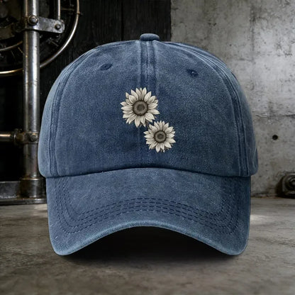 Sunflower Print Washed Baseball Cap Distressed Cotton Vintage