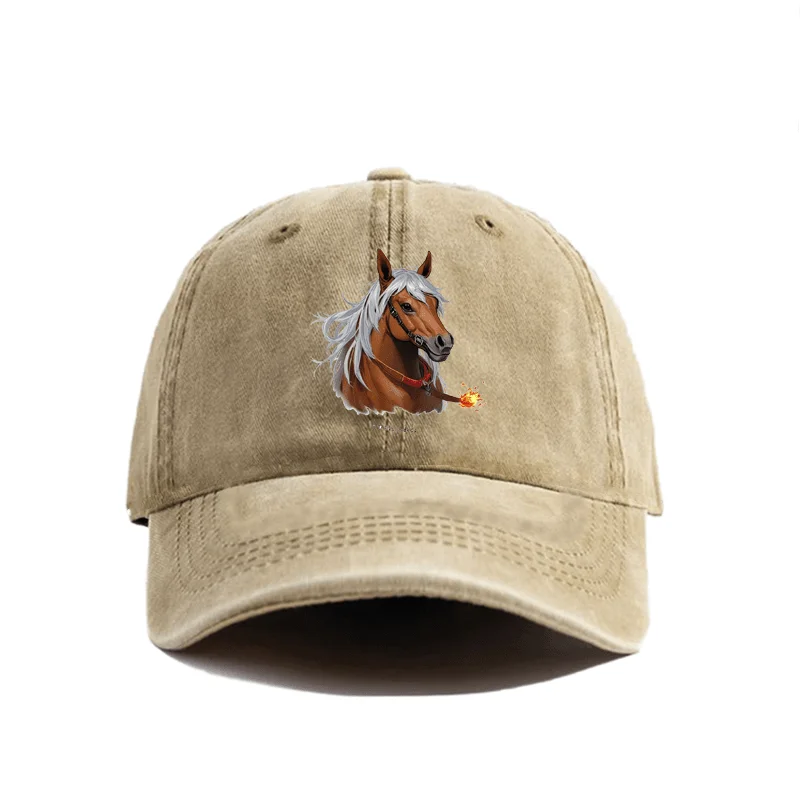 Vintage Washed Baseball Cap with Fantasy Horse & Letter Graphic Print