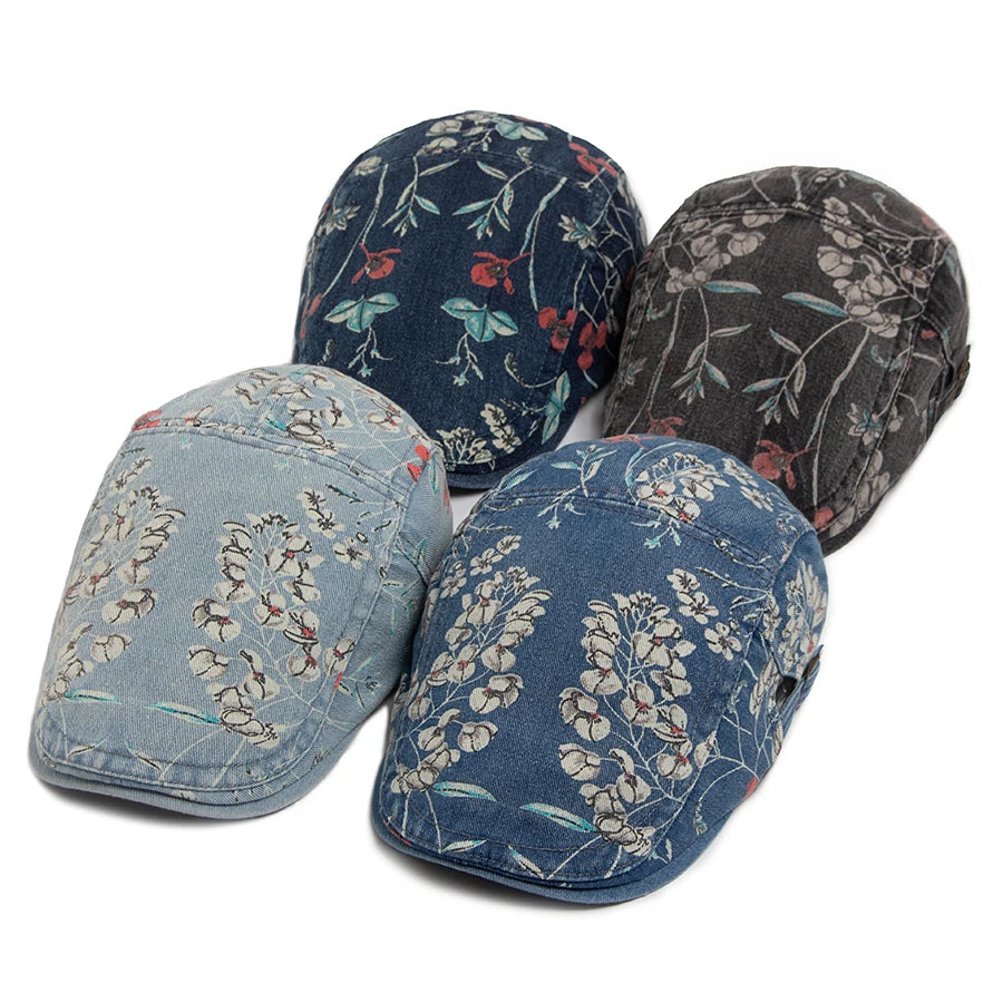 New Vintage Print Denim Beret Women Men Cotton Newsboy Cap Casual Visor Fashion Flat Hat