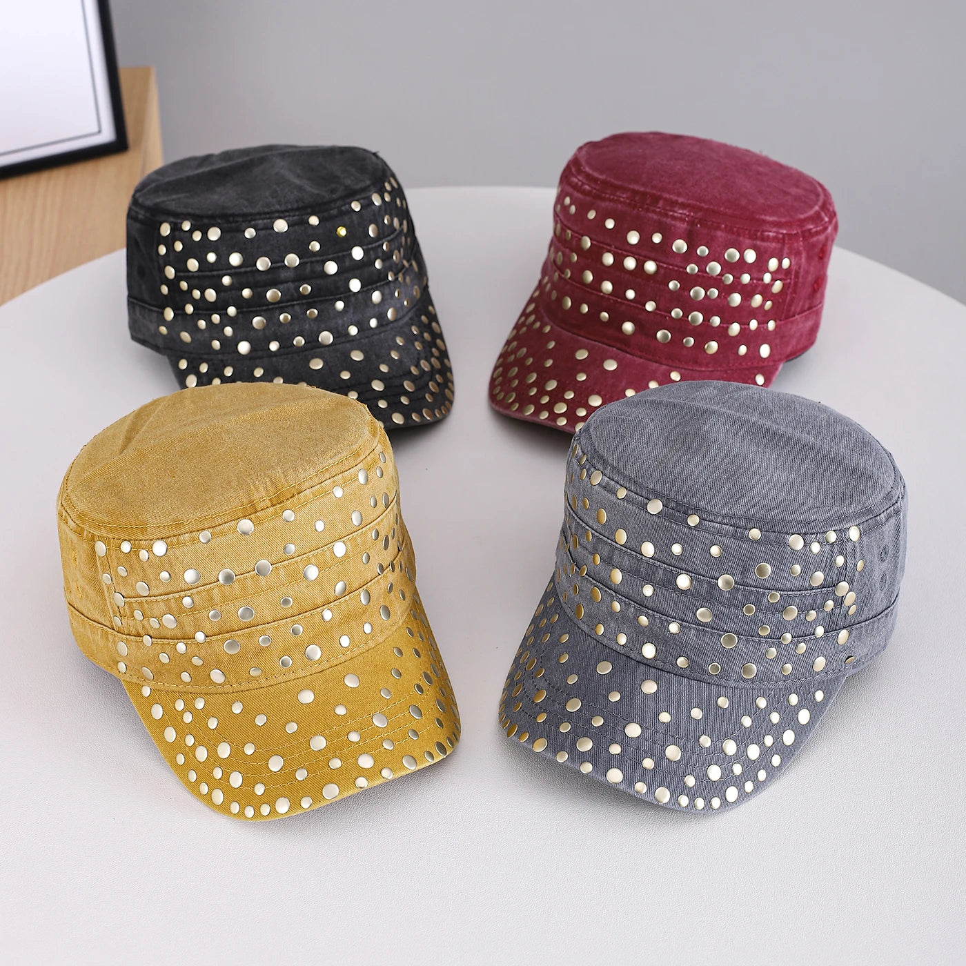 Golden Round Rivets Fully Decorated, Flat-Top Baseball Cap