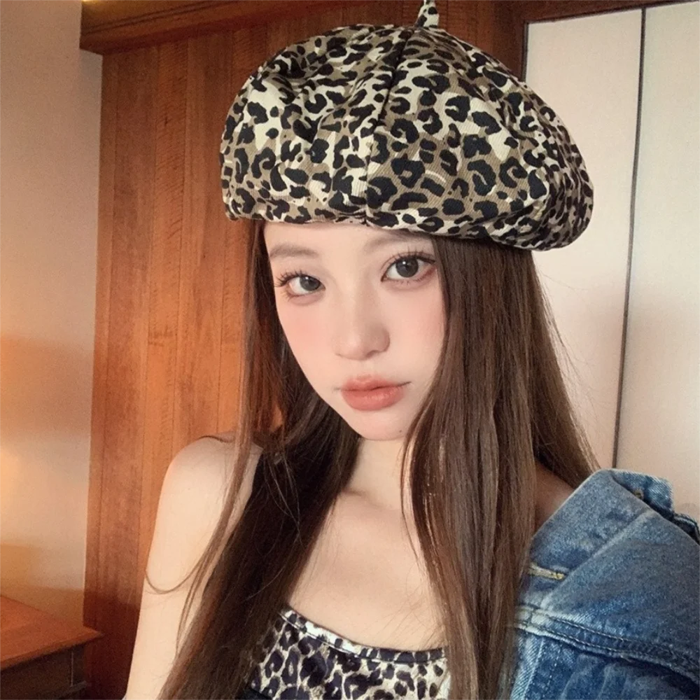 Retro Cloud Leopard Print Beret Y2K Korean Style Octagonal Cap