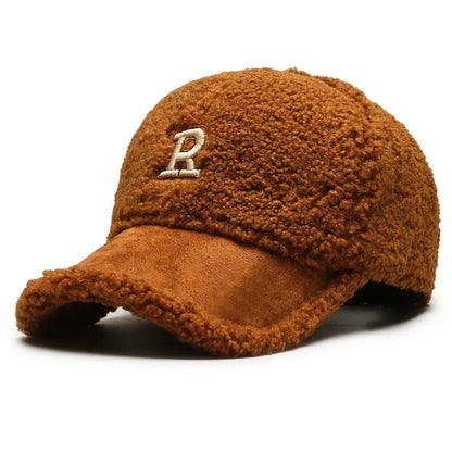 Trendy Big Letter Embroidery Men Winter Hats White Brown Lambswool Baseball Cap for Women