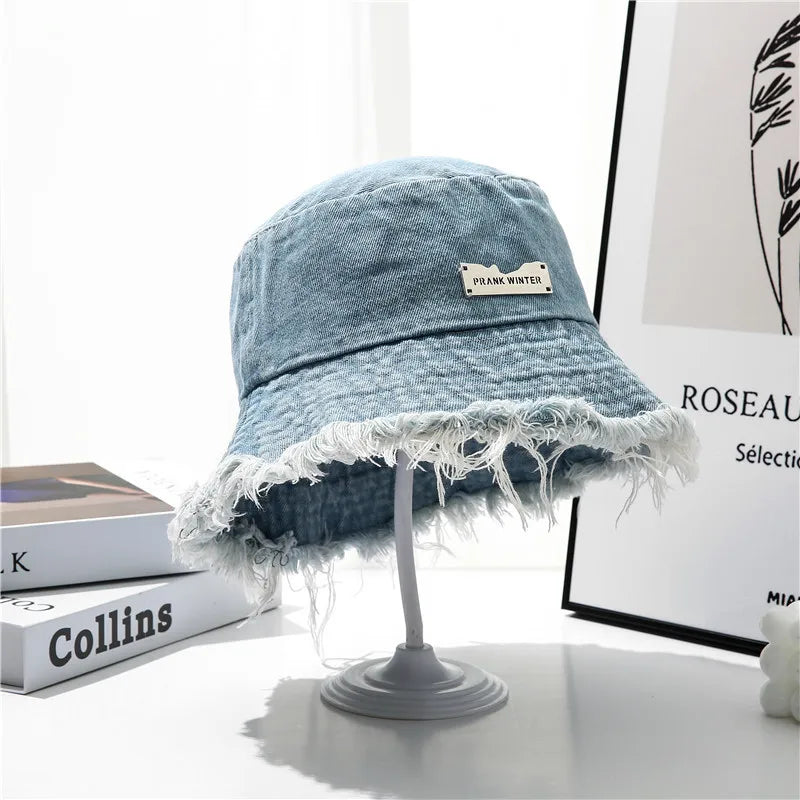 New Summer Logo Blue Washed Denim Large Bucket Hat