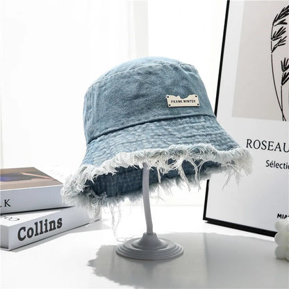 New Summer Logo Blue Washed Denim Large Bucket Hat