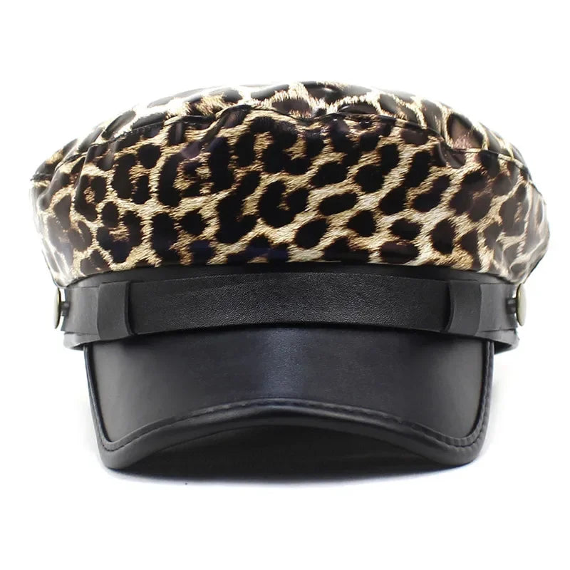 Four Seasons Pu Leopard Print Beret Octagonal Cap