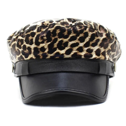 Four Seasons Pu Leopard Print Beret Octagonal Cap