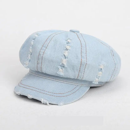 Retro Octagonal Cap Beret Women Washed Denim Newsboy Hat