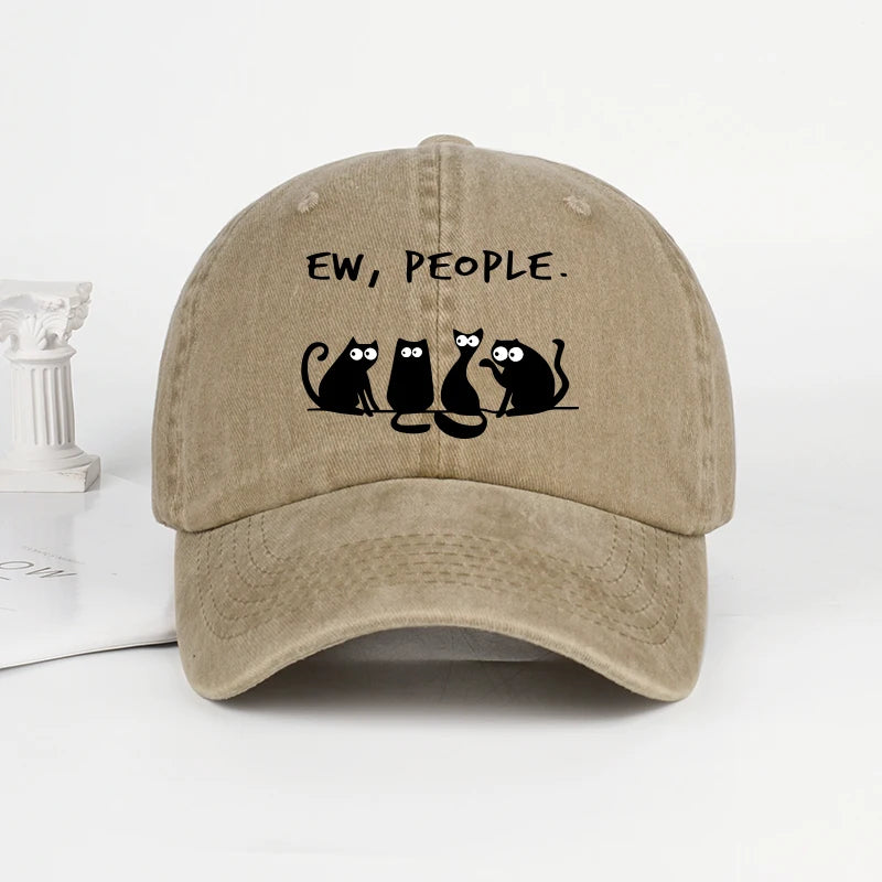 Fun “Ew, People” Cat-Print Washed Baseball Cap