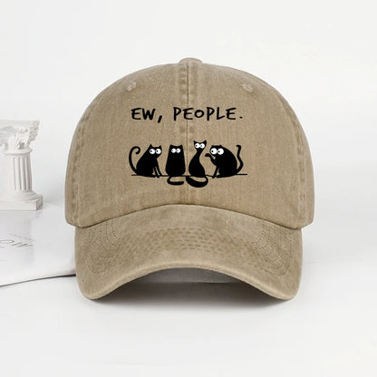 Fun “Ew, People” Cat-Print Washed Baseball Cap