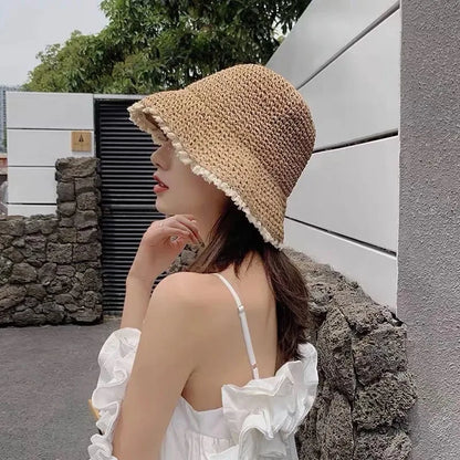 Summer Fashion Lady  Beach Hat Foldable Straw Crochet Bucket Hat
