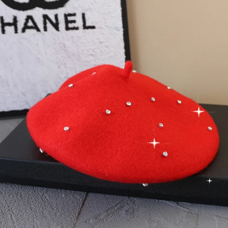Luxury Rhinestone Wool Thick Berets For Women Autumn Winter Ladies Bling Beret