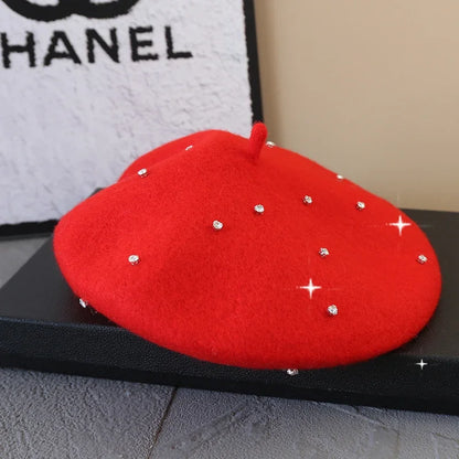 Luxury Rhinestone Wool Thick Berets For Women Autumn Winter Ladies Bling Beret