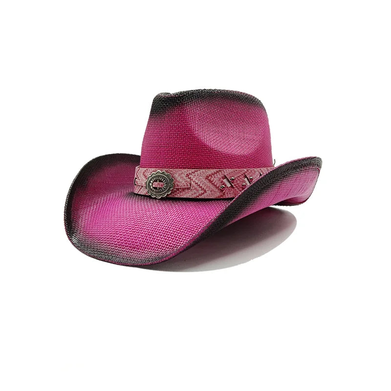 Western Thick Cowboy Hat Retro Pink Gradient Straw Hat