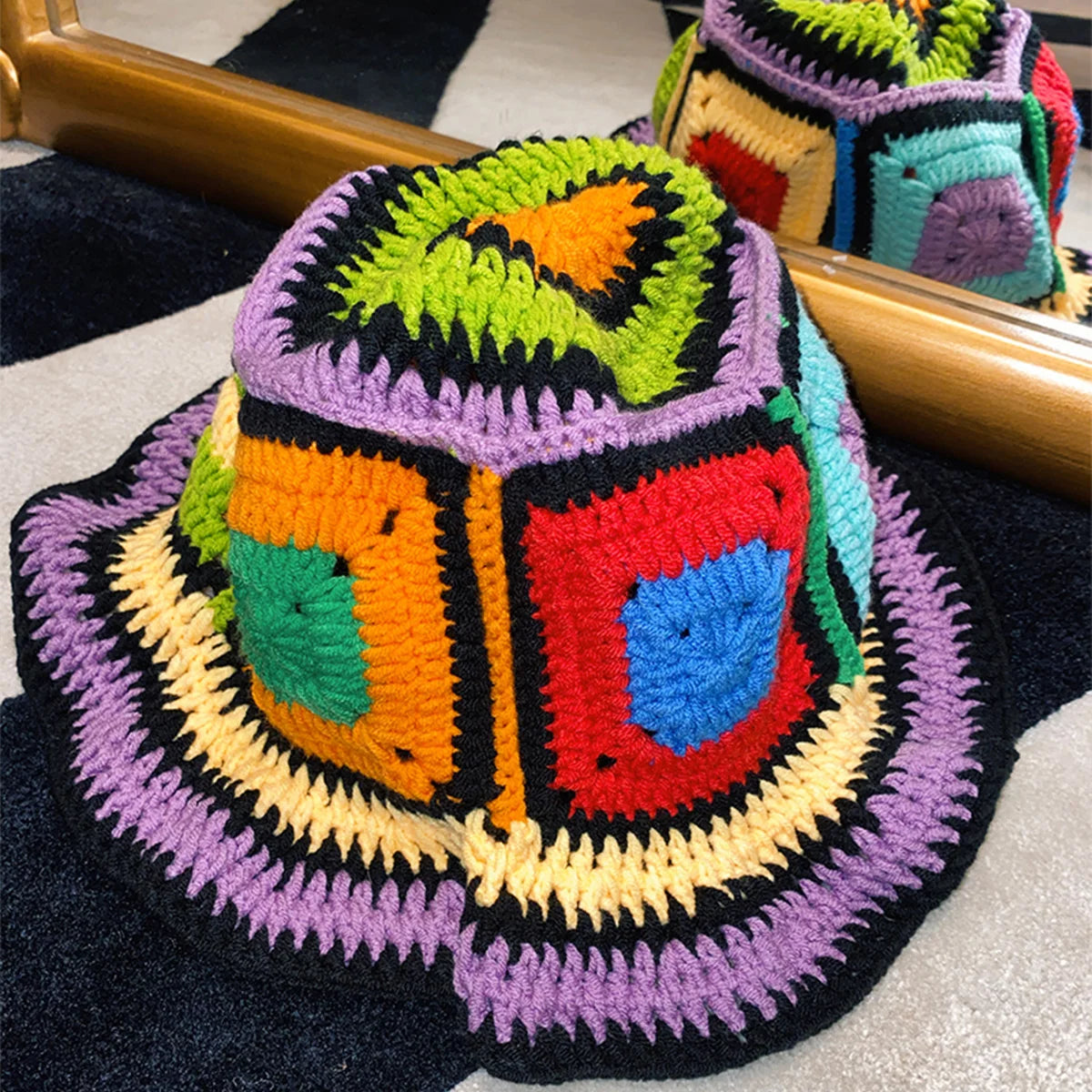 Women Muticolor Crochet Korean Handmade Bucket Hat Women Weaving Knitted Hat Y2k Fashion Flowers Autumn Cap