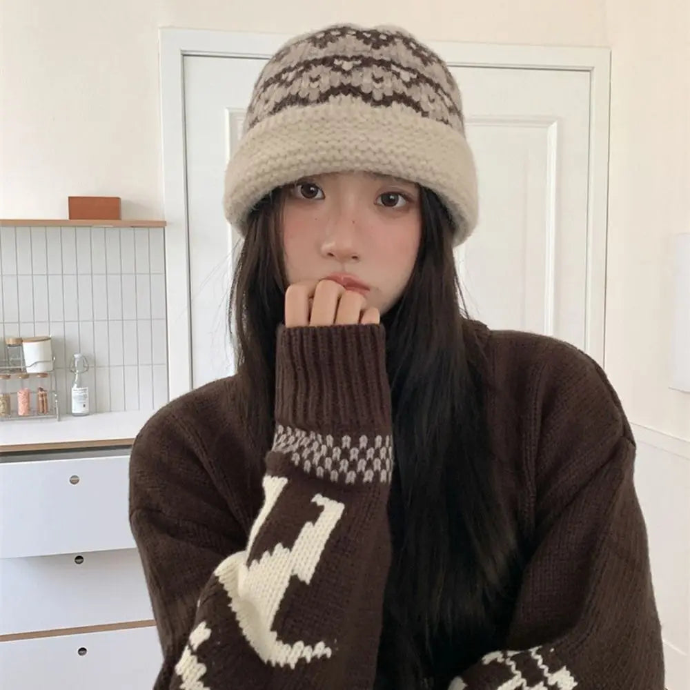 Fashion Jacquard Women Beanie Cap Warm Thermal Fisherman Hat Knitted Hat Women