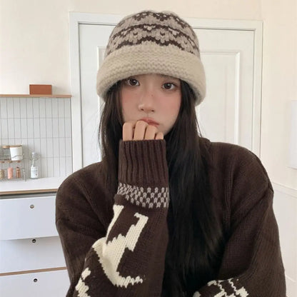 Fashion Jacquard Women Beanie Cap Warm Thermal Fisherman Hat Knitted Hat Women