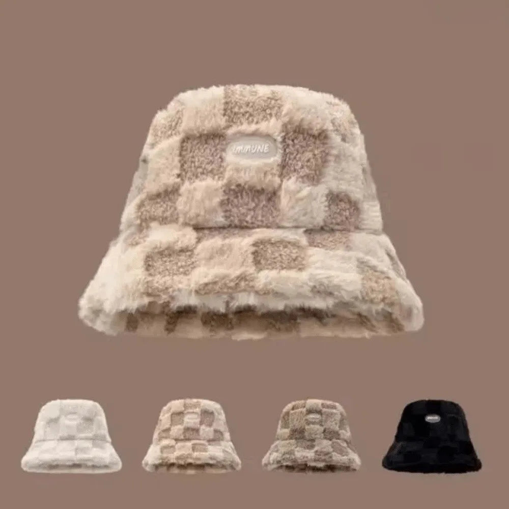 Plaid Checkered Women Bucket Hat Faux Fur Adjustable Checkered Basin Hat