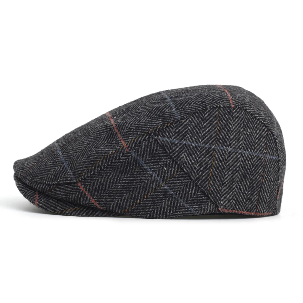 Newsboy Cap Men Winter Thick Warm Vintage Herringbone Casual Stripe Berets Flat Hat