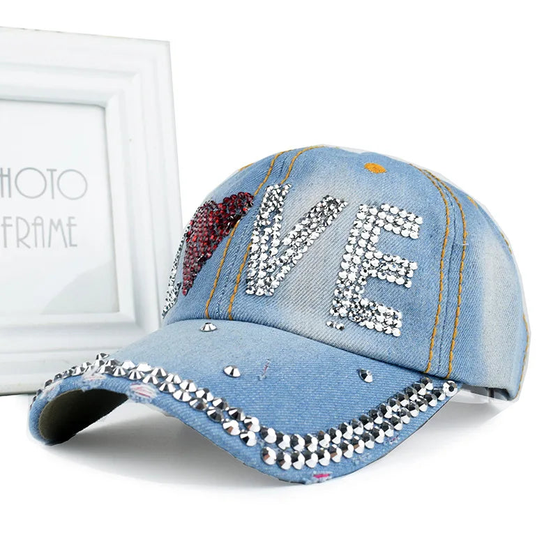 New Women Washed Denim Rhinestone Crown Baseball Cap