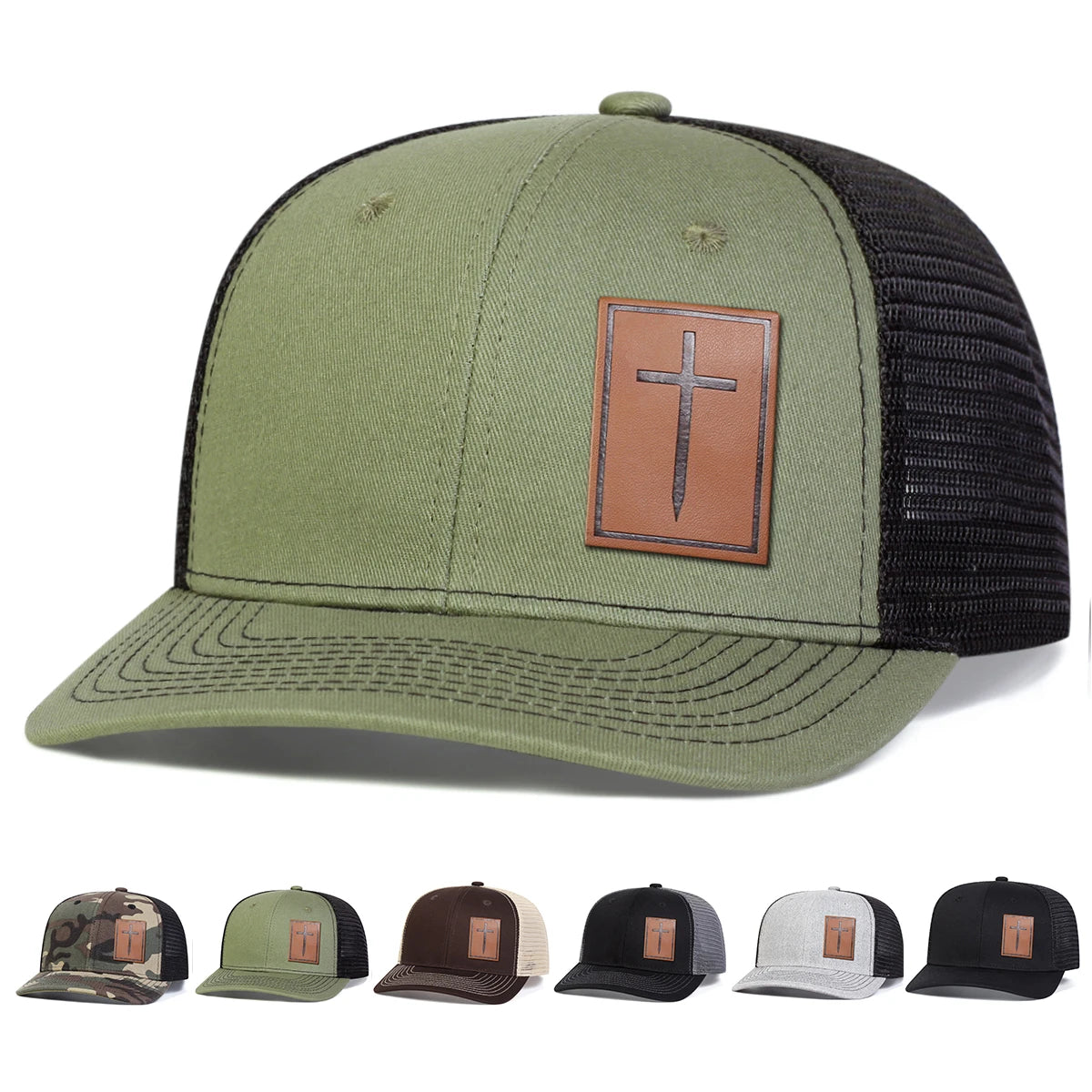 Unisex Cross Brown Leather Label Baseball Net Caps Outdoor Adjustable Casual Sunscreen Hat
