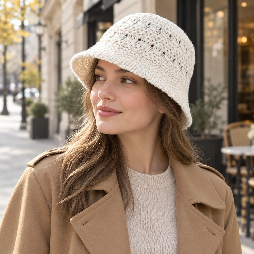 Women Openwork Knitted Bucket Hat Soft Asymmetric Brim Cap