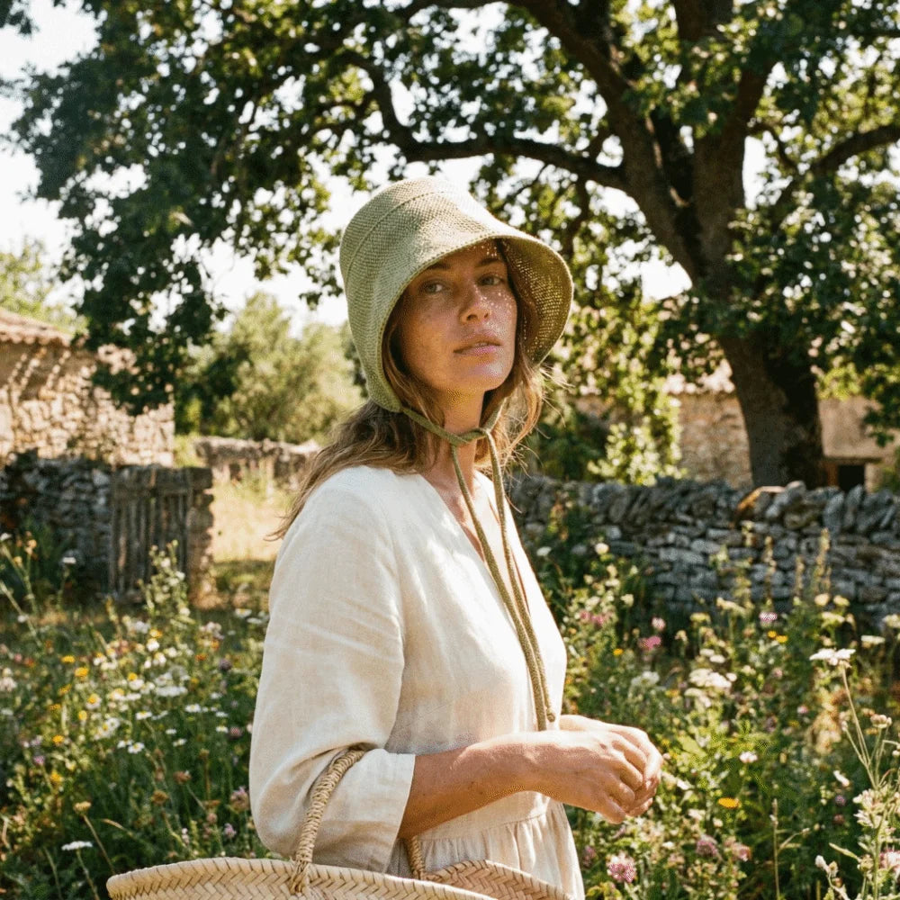 Cotton Linen Geometric Pattern Wide Brim Cloche Hat