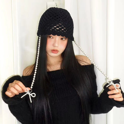 Pearl Bow Pendant Hollow Handmade Knitted Pullover Hat Street Korean