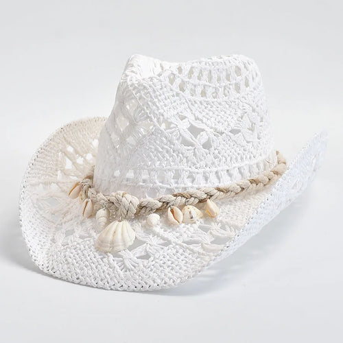Summer Hand Woven Straw Hat For Women Shell Decoration Holiday Beach Sun Hat