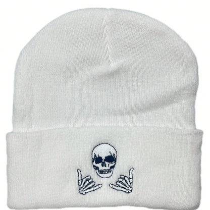 Unisex Winter Warm Skull Embroidery Knit Beanie Hat
