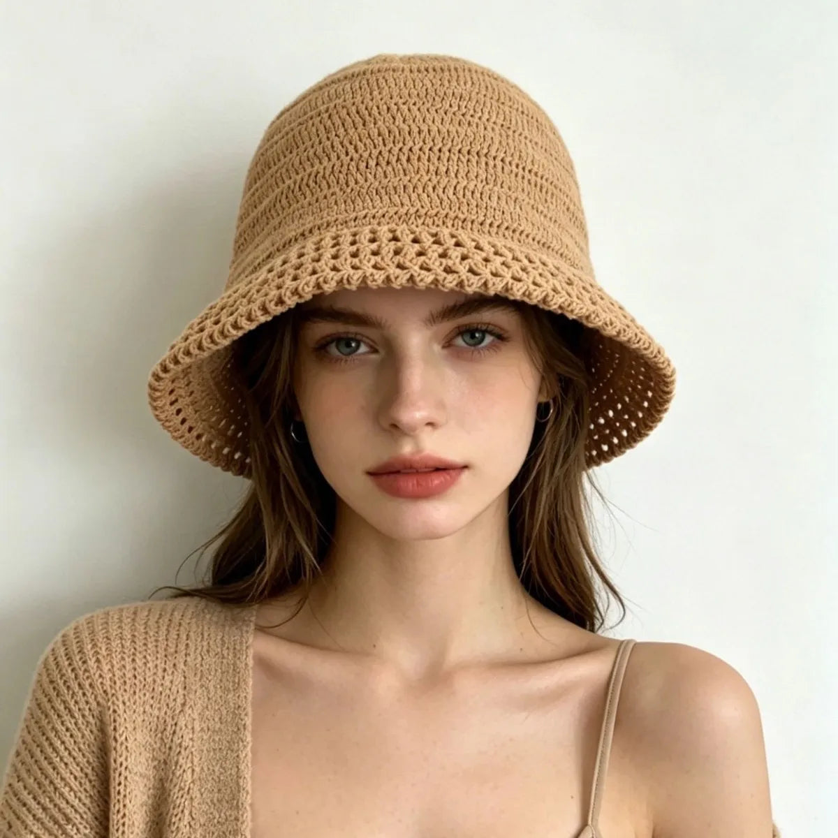 Women French Hollow Knit Bucket Hat