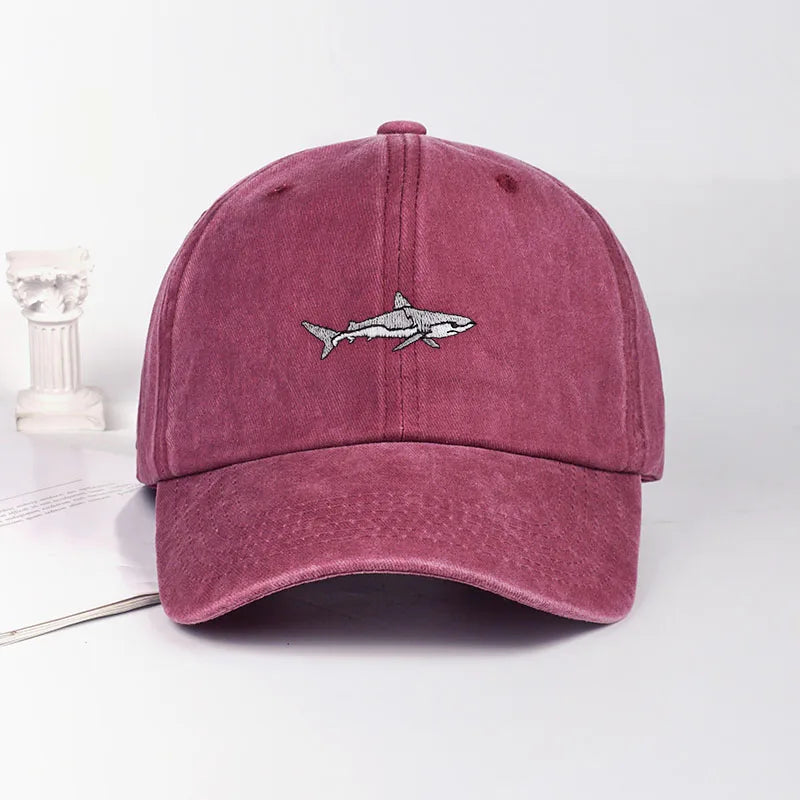 MLFO Shark Embroidered Pre Washed Baseball Cap Summer Wide Brim Cap Spring Casual Cap Outdoor Sun Hat