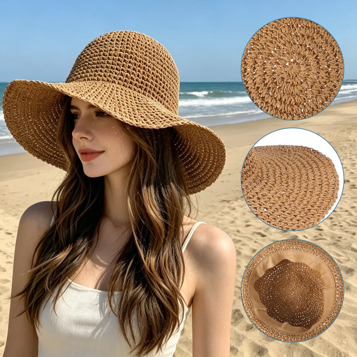 Wide Brim Straw Hat Khaki Sun Block Outdoor