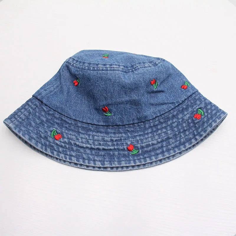Summer Embroidery Cherry Washed Denim Bucket Hat For Women