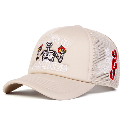 Unisex Skull Flame Embroidery Baseball Net Caps Spring and Summer