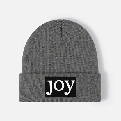 Joy Letter Patch Black Knitted Beanie Unisex Cuffed Winter Hat