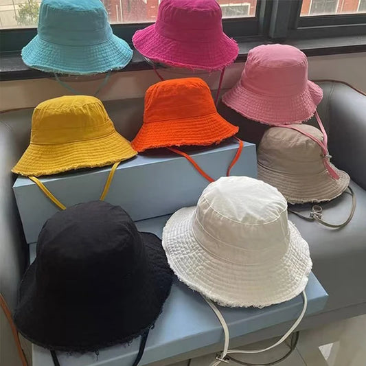 New Custom Logo Fashion Women Drawstring Torn Edge Bucket Hats