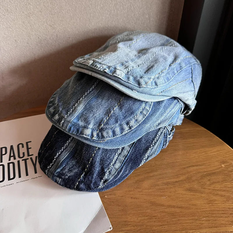 Korean Style Denim Striped Newsboy Baker Boy Cap