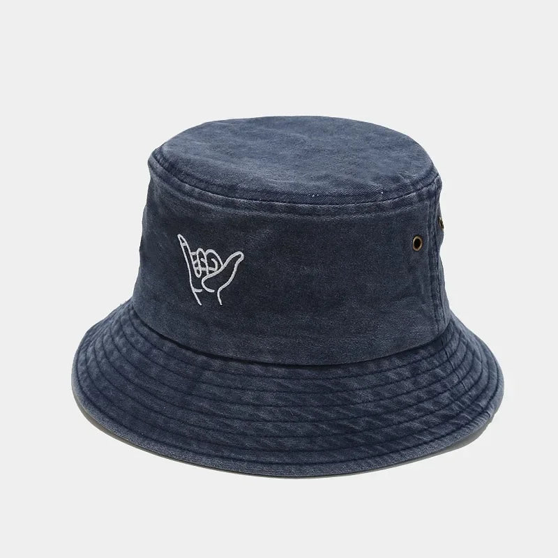 Four Seasons Cotton Cartoon Gesture Embroidery Bucket Hat