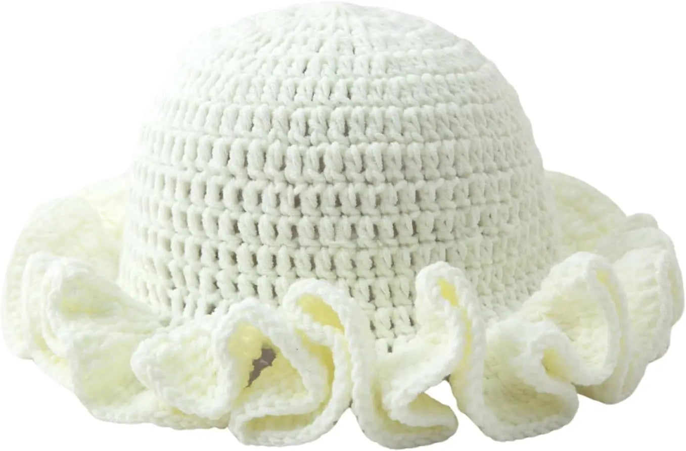 Women's Boho Crochet Ruffle Bucket Hat, Foldable Handmade Summer Beach Cap