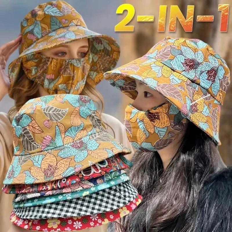 Women Fisherman Hat Floral Print Face Shading Foldable Sunscreen Cap for Summer