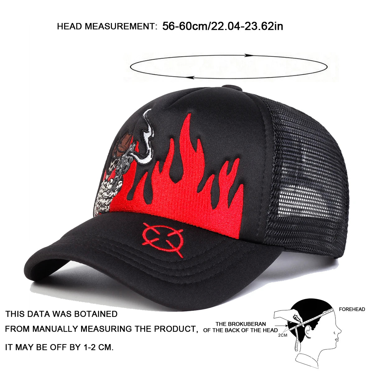 Unisex Skull Flame Embroidery Baseball Net Caps Spring and Summer