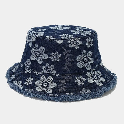 Spring Denim Cartoon Flower Embroidery Bucket Hat
