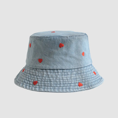 Emboridery Denim Bucket Hat Summer Travel Beach Sun Hats  for Women Men